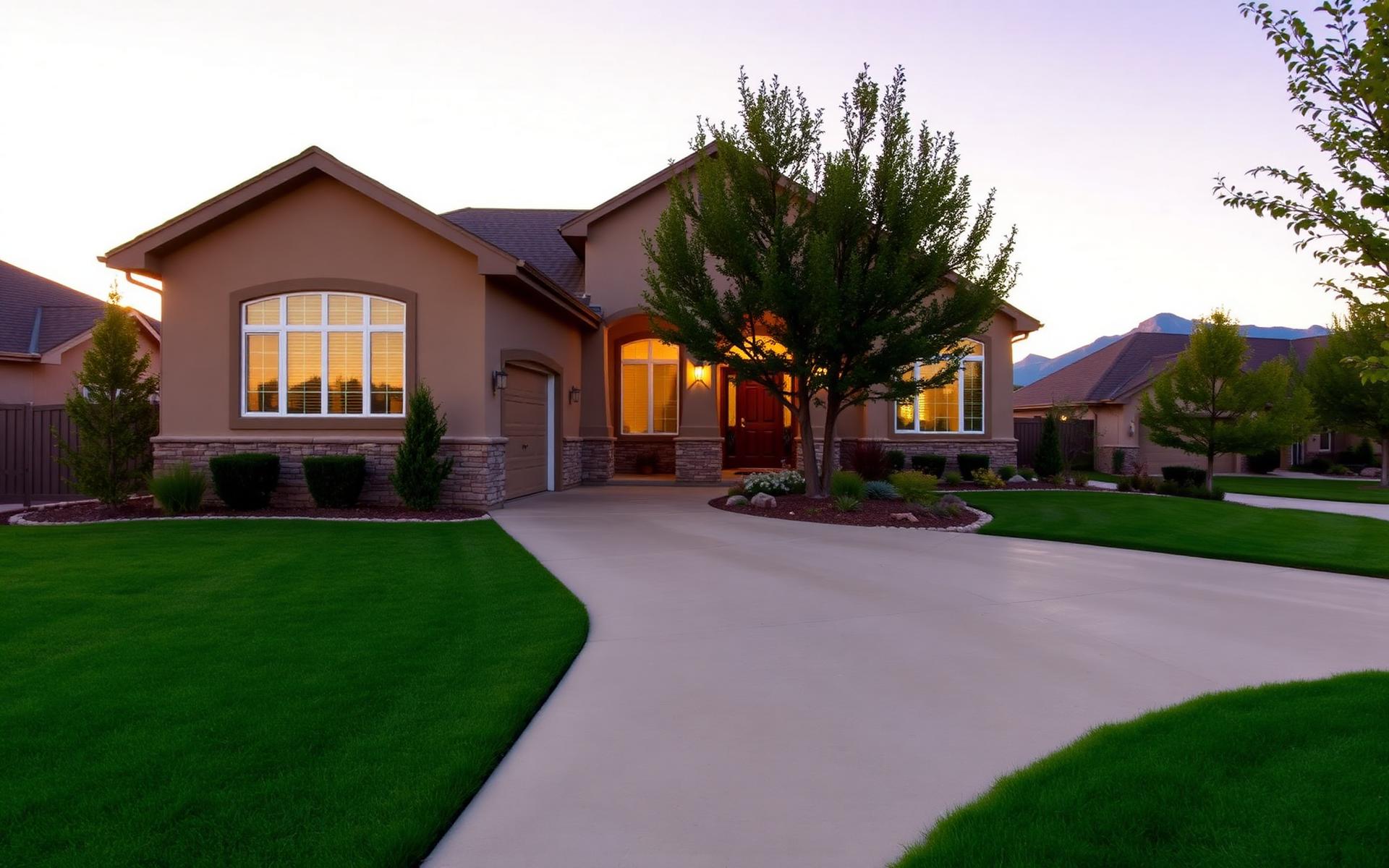 Colorado home with fresh concrete driveway and landscaping by Stable Services