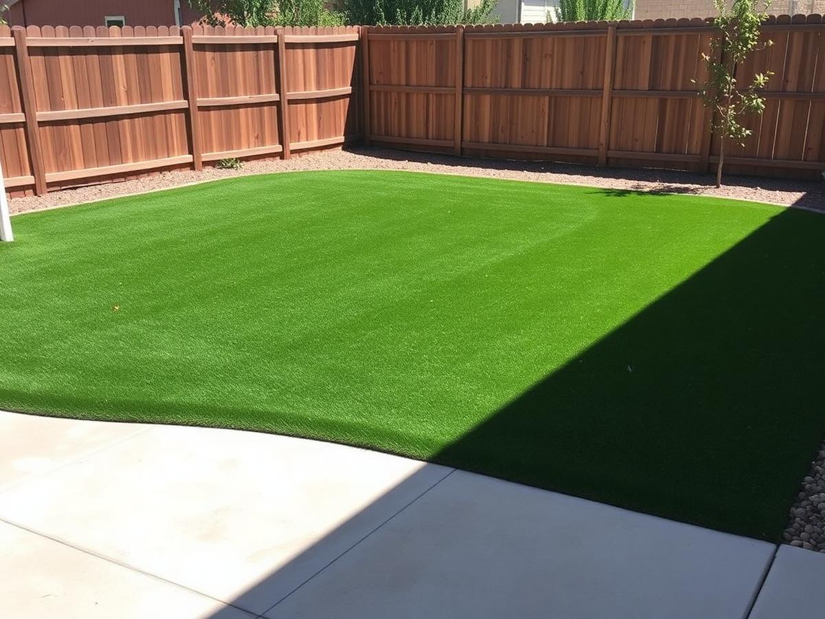 Freshly installed artificial turf lawn beside a concrete patio in a Colorado backyard